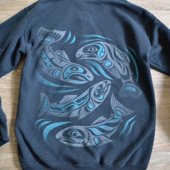 Native Salmon Tribal Art Zip-up Black Sweatshirt Pisces Size Small - Picture 3 of 5